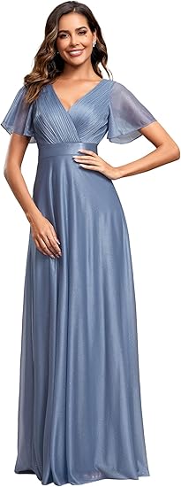 V Neck Short Sleeves A-line Glitter Full Of Charm Evening Dress